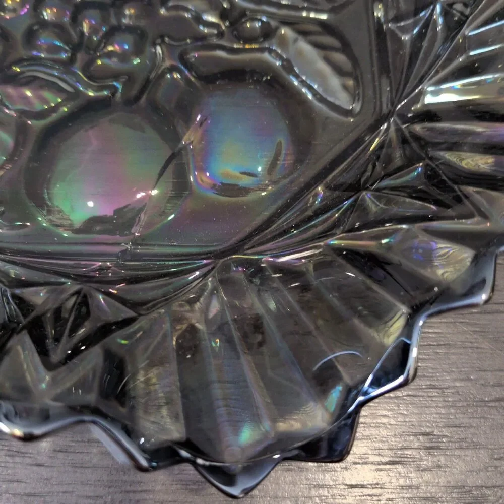 Vintage Federal Glass Pioneer Smoke Iridescent Carnival Glass Ruffled Fruit Bowl